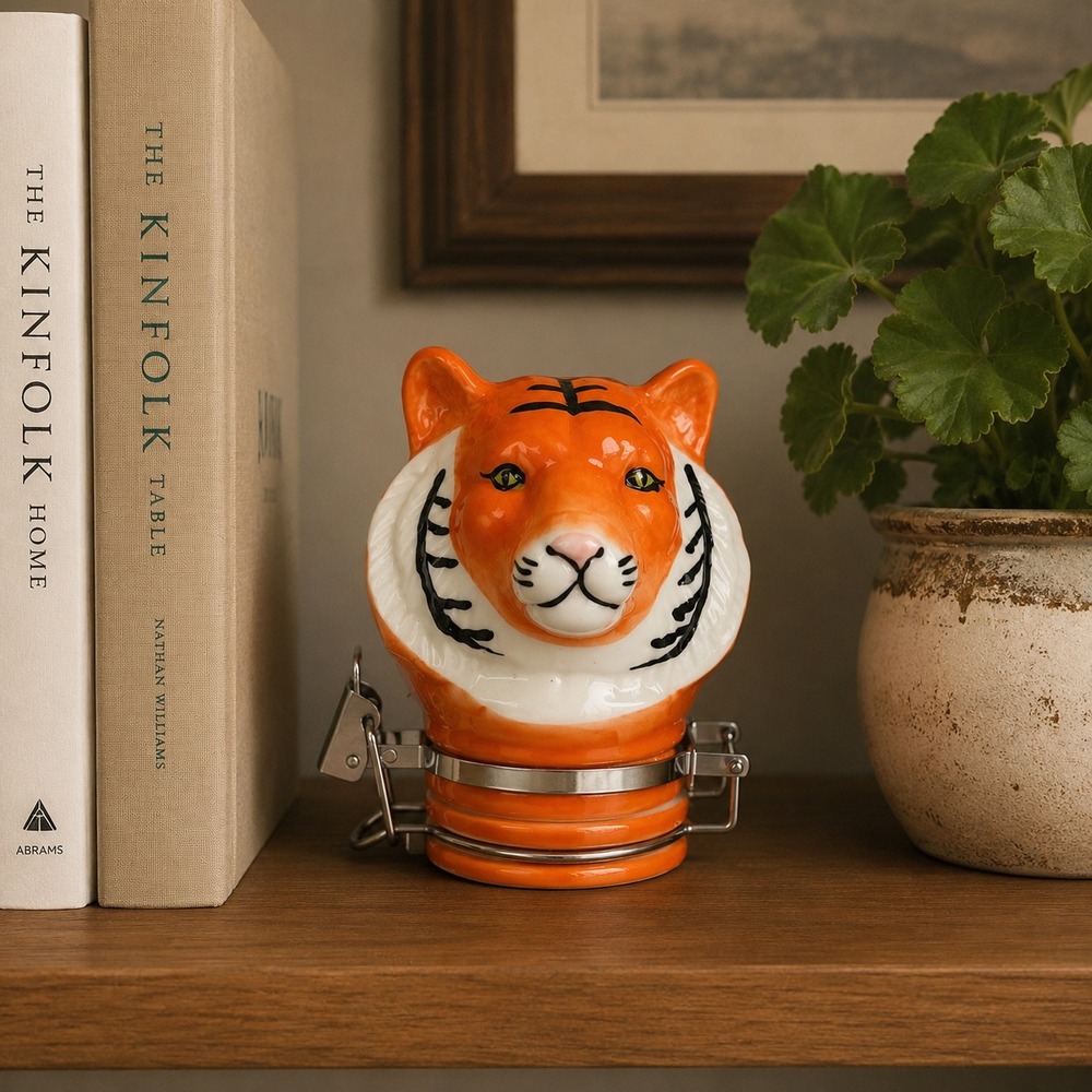 Contained Art Ceramic Tiger Head Jar Orange Hand Painted Stash Canister Bale Lid